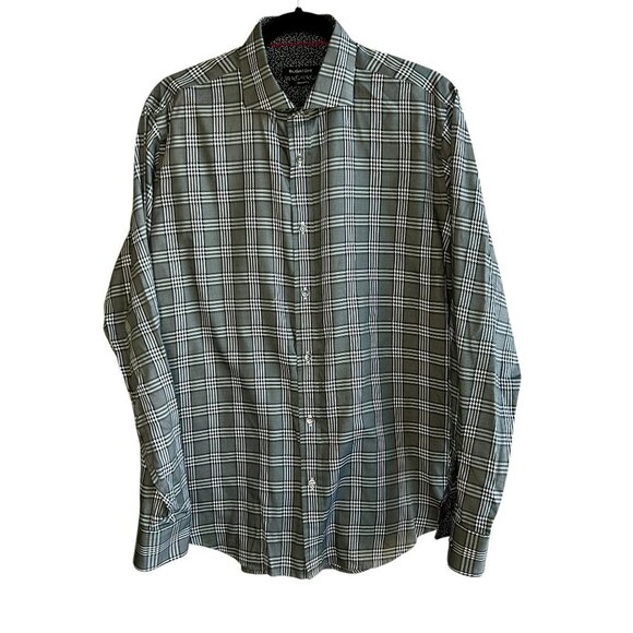 Bugatchi Black Glen Plaid 100% Cotton Button Front Shirt Size Medium - Picture 1 of 8